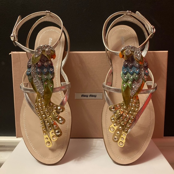 MIU MIU Multicolor Leather Crystal Embellished Parrot Sandals Size 38.5 - Picture 3 of 8